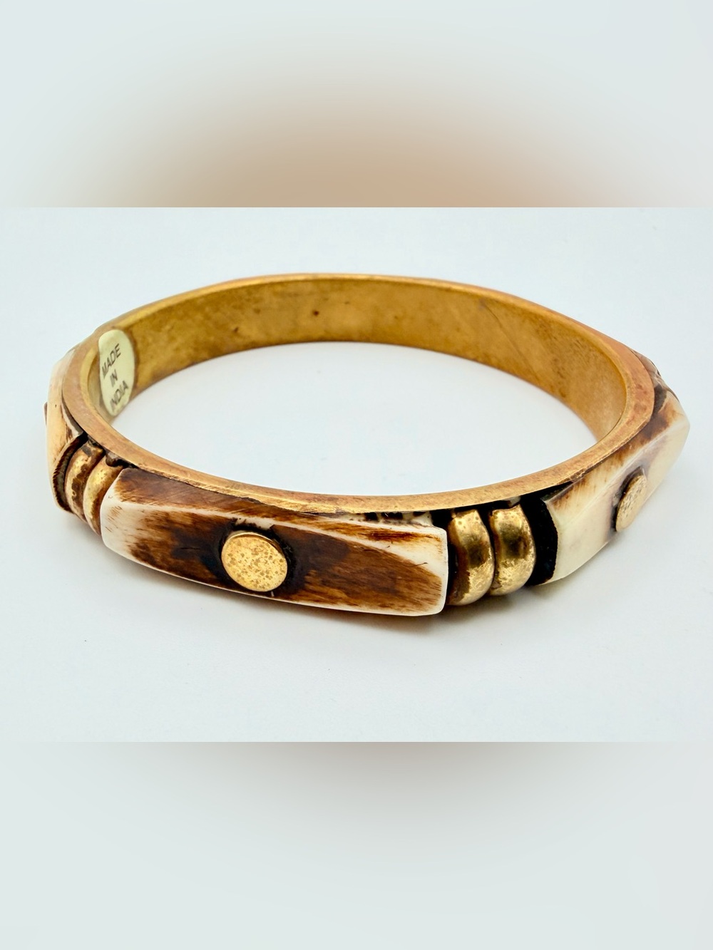 Vintage Bohemian Bone and Brass Inlay Bangle Made in India